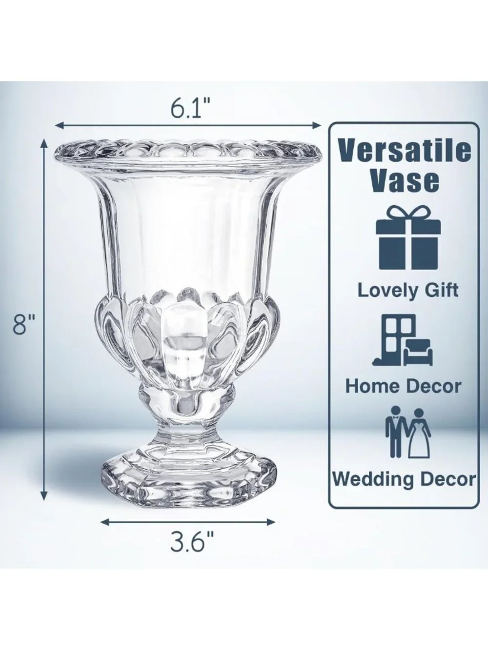8-Inch Vintage Glass Urn Vase - Large Crystal Flower Centerpiece for Home Decor